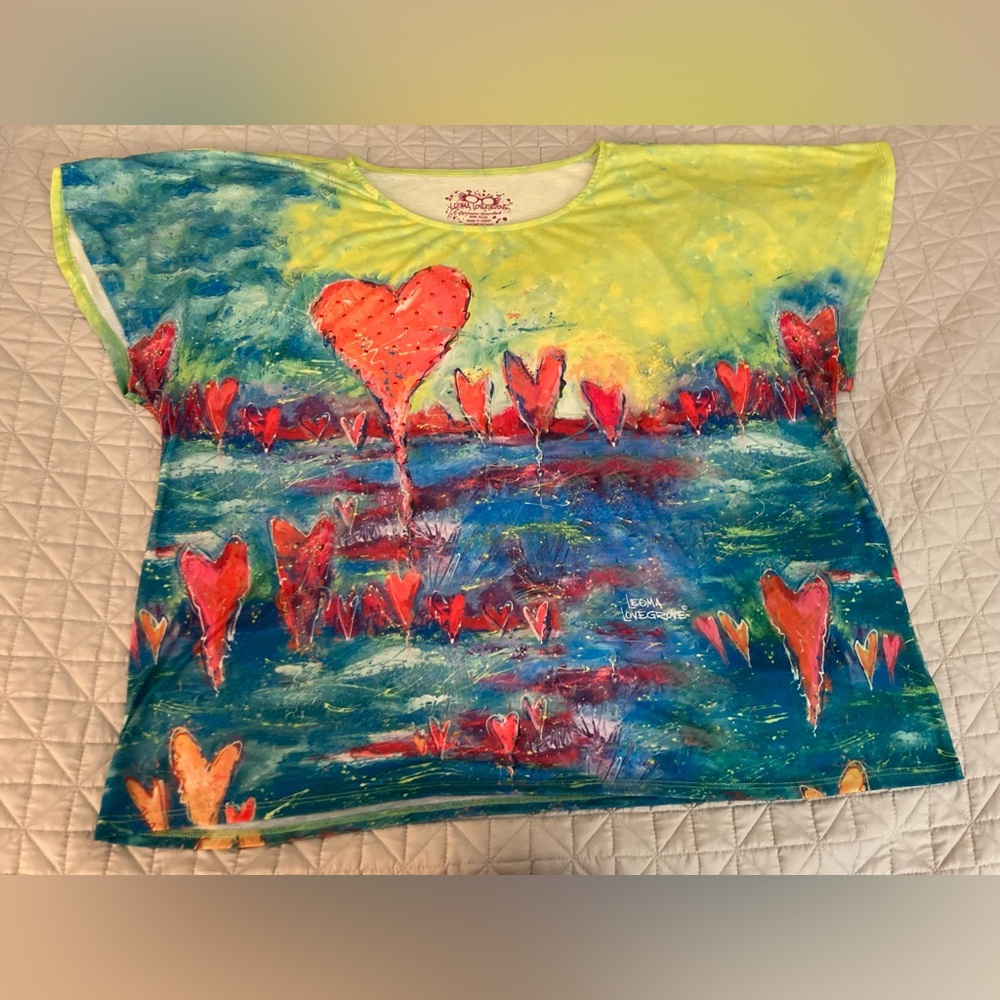 Leoma Lovegrove Tee Shirt Artwork Top Size XX-Large Colorful Hearts Rhinestones